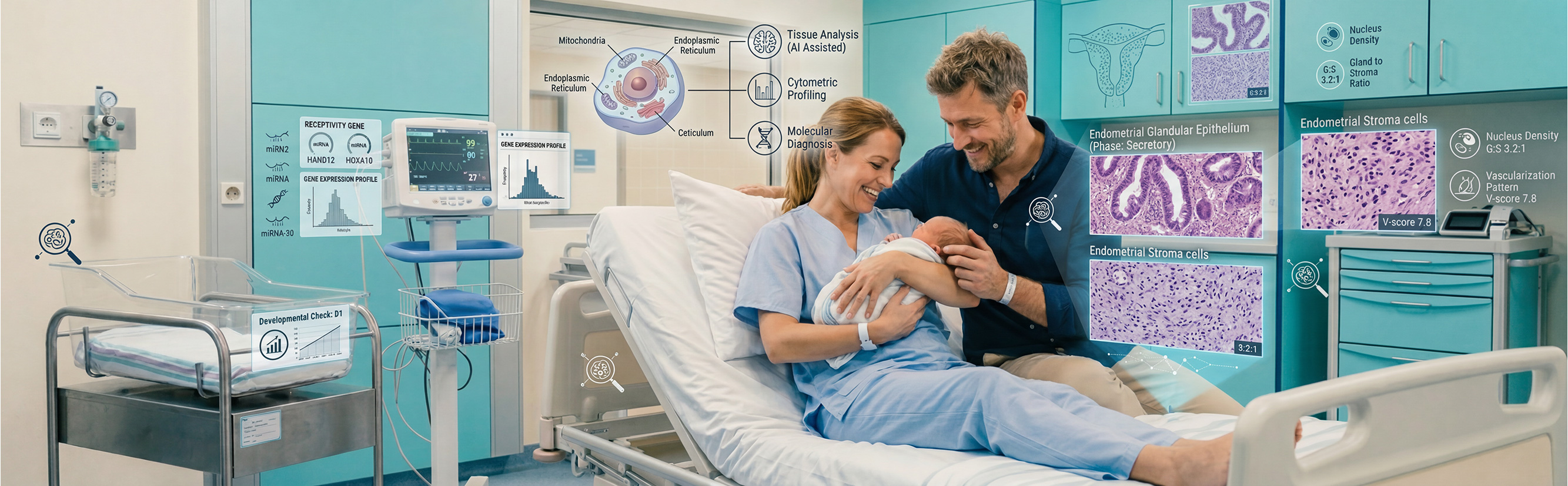 Familie mit Neugeborenem und KI-gestützter Endometrium-Analyse